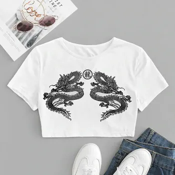 Kinesisk Stil Afgrøde Top Streetwear Kvinder Cami Dragon Broderi Spænde Criss-cross Sommer T-Shirt, Korte Toppe Festival