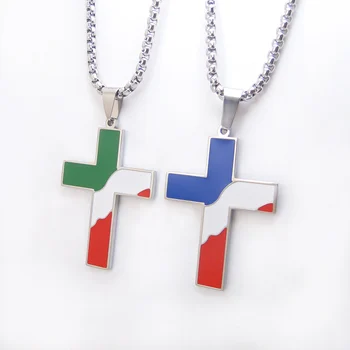 DICAYLUN italiensk fransk Flag Kors Halskæde i Rustfrit Stål Frankrig Italien Flag Vedhæng Smykker Religiøs, Patriotisk Christian Gave