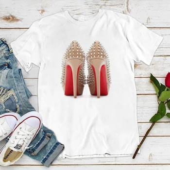 Luksus fashion Nyeste Blå krystalklare høje hæle sko print t-shirt til kvinder sjove 90'erne, hip hop, punk t-shirt hipster streetwear t-shirt