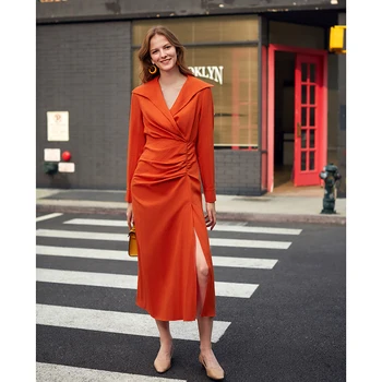 AEL NYE forår kvinders kjoler side højde delt kjole lang Orange rød Jacquard stof 2019 streetwear