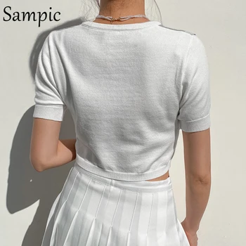 Sampic 2021 Sommeren Y2K Kvinder Strik kortærmet Sweat Beskåret T-Shirt, Toppe, Tynde Plaid Grundlæggende koreanske Preppy Style t-Shirts