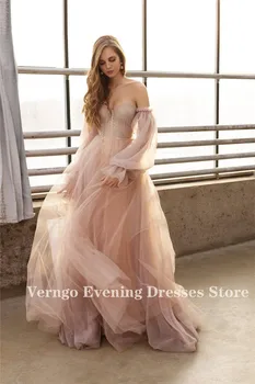 Verngo Dusty Pink Lange gallakjoler 2020 Off-Skulderen, Kæreste Tyl Romantisk Elegante Prinsesse Galla Fest Kjole Tilpasset