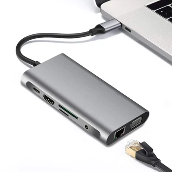 10-i-1 USB-C-HUB, Multi-Funktion-Dockingstation, USB-C-Hub PD Hurtig Opladning, til PC, Laptop, TV, Osv.