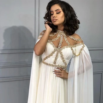 Hvid og Guld Aften Kjoler Høj Hals Beaded A-Linje arabisk Dubai Lang Cape Chiffon Mellemøsten Kvinder Prom Kjoler Party 2020