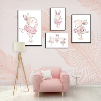 Kids Room Plakat Pink Kanin Børn Plakat Baby Girl Room Decor Væg Kunst, Lærred Maleri Børnehave Udskriver Ballet Soveværelse Billede