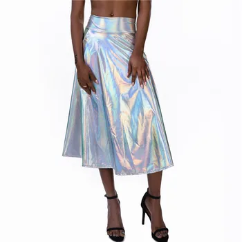 Bling Wet Look Hologram Laser Nederdele Med Lomme Høj Talje A-linje Sexede Kvinder, Slanke Midi-Nederdel Plus Size Rave Festival Mode