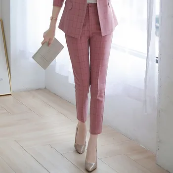 Spring Nye Mode Kvinders Bukser, Business Slank Plaid Lommer Kontor Damer Formelle Værktøjsholder-Bukser Pink Gul