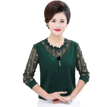 Ny 2020-kvinder Foråret Efteråret Blonder Lotus blad krave langærmet T-shirt Kvindelige mode pullover T-shirt top Plus Størrelse 6XL T408