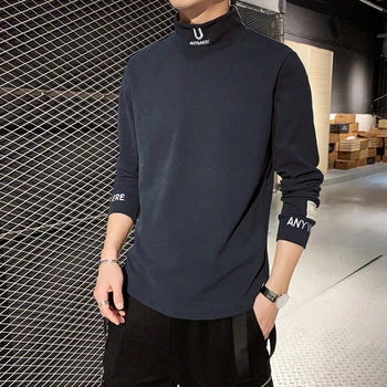 Varanol Herre T-Shirts Kashmir Langærmet Mode Broderi Brev Top Tees Rullekrave Streetwear Sort Oversize Mænd Tøj