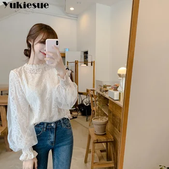 Nye fashion Kvinder lace blouse Korea mode Syning Mesh Toppe, Elegant Lanterne ærme Hvid Chiffon skjorte Blusa Plus størrelse