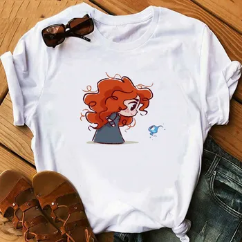 T-shirts 2020 Søde Prinsesse Lille Havfrue Sjove Tegneserie Print-O-Hals Løs Sommer Kort Harajuku Kawaii Top Streetwear Tøj