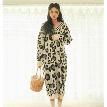 Kvinder Casual Sweater Kjole 2020 koreansk Stil Vintage V-hals Leopard Strikkede Kjoler Syning Farve langærmet Outwears 2020
