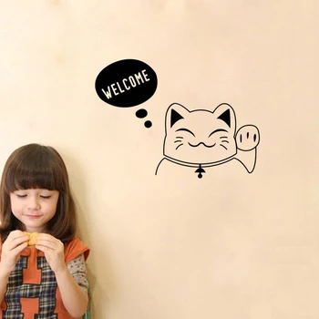 Lucky Cat Velkommen Aftagelige wallstickers til stuen Døren Vinyl vægoverføringsbilleder Kids Room Dejlige Mønster Home Decor TA501
