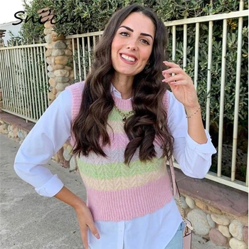 Za kvinder pink mode stribede ærmer strikket sweater vintage-jersey mujer invierno 2020 kvindelige pullover trække sans manche ny