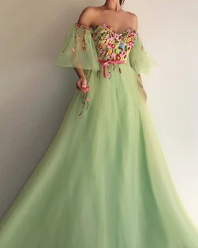 Mint Grøn Muslimske Aften Kjole Fra Skulder Lanterne Ærmer Tyl Islamiske Dubai Saudi-arabisk Formel Aften Kjole Prom Dress