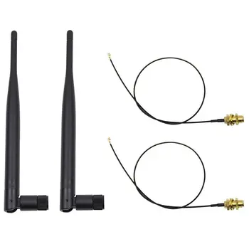 2 x 6dBi 2.4 GHz og 5GHz Dual-Band WiFi RP-SMA Antenne + 2 x 35cm U. fl / Kabel-IPEX