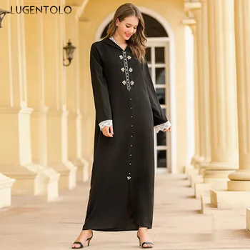 Lugentolo Kvinder Vintage Kjole, Blonder Hætteklædte Beaded Rhinestone Marokkanske Mode Muslimske Dame Elegant Sort Lige Maxi Kjoler