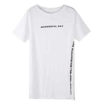 Nye Sommer T-Shirt til Kvinder Top Tee Korte Ærmer Kawaii Bomuld Kvindelige T-shirt Side Åbning Lange T-shirts Til Kvinder Harajuku Tshirt