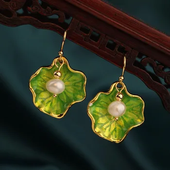 Nye koreanske Mode stil Vintage lys grøn Lotus blad Drop ferskvandsperle øreringe i Fødselsdags gave Etniske Smykker til kvinder