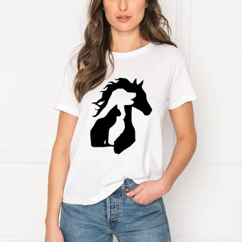Kvinder Tøj 2019 Sjove T-Shirts Kvinder Kat Hund Hest Trykt Tshirt Tumblr Streetwear T-Shirt Femme Graphic Tee