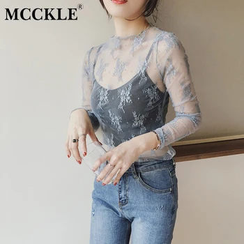 MCCKLE Kvinder Blonder Mesh Gennemsigtig Skjorte Bluse med Hæklede Blomster Toppe og Bluser 2020 Forår Sommer Sexet Mode Shirts Kvindelige