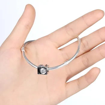 Ægte 925 Sterling Sølv Perle Sort Emalje Kamera Med Crystal Charms passer til Pandora armbånd Armbånd DIY Smykker
