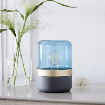Moderne minimalistisk blå glas LED lighting bordlampe Nordiske soveværelse sengen dekoration amber sort jern maling cylinder bordlampe
