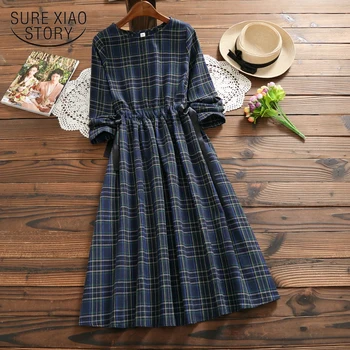 Vintage Plaid Dress Langærmet Kjole Japansk Stil Sød Pige Bomuld, Elegant Tæve Vestidos Casual Løs Lange Kjole 7630 50