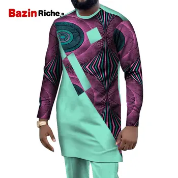 2021 Afrikanske Mænd Passer Dashiki Tøj Trykte Shirts og Toppe+Lange Bukser med Lommer 2 delt Sæt Ankara Tøj Bluse WYN1004