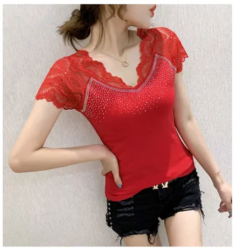 Sommer Fashion koreansk Tøj, T-shirt-Sexet-V-Hals Diamanter Patchwork Blonder Kvinder Toppe Ropa Mujer Kort Ærme t-Shirts 2020 T06502