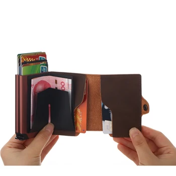 Stor Kapacitet RFID-Blokering Mænd Business Kreditkort Indehaveren Metal RFID-Dobbelt Aluminium Box Vintage Læder Travel Card Wallet