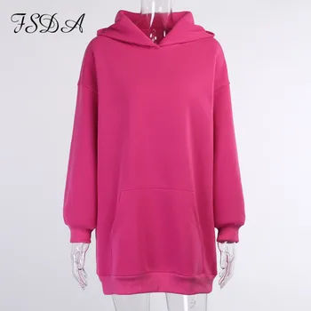 FSDA 2021 Efterår og Vinter med Lange Ærmer Oversized Sweatshirt Kvinder Løs Sort Hættetrøje Casual Streetwear Hooded Dress