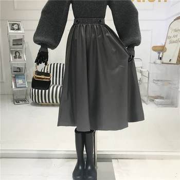 Højtaljede PU Læder Nederdel Kvinder 2020 Efteråret Nye A-Linje Mid-Kalv Vintage Imiteret Læder Faldas Largas Mujer koreansk Stil