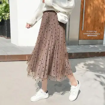 Reversible Tyl Fløjl Nederdel Kvinder Mode 2020 Foråret Elegante Polka Dot Lang Nederdel Kvindelige Høj Talje Midi-Plisseret Nederdel
