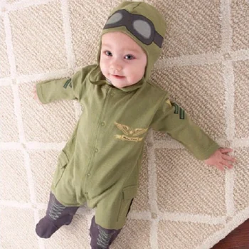 Baby Dreng Spædbarn Grønne Fuld Ærmer Pilot Aviator Rompers+Hat Sæt 2stk Playsuit Tøj Buksedragt Rompers Bomuld Kostume Passer til Kroppen