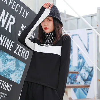 Antal LuLu 2020 Koreansk Stil Vinter Toppe Kvinder Trykt Varm T-Shirt Damer Punk Slank Tykkere T-Shirts Vintage Rullekrave Tøj