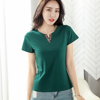 T-Shirt Femme Broderi Blomster V-Hals Kortærmet T-Shirt Kvinder 2020 Sommer Toppe Vogue Bomuld Koreansk Tøj, T-Shirt Kvindelige