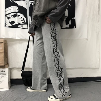 Harajuku Bukser Kvinder Mænd Tornede Torne Print Elastisk Talje Casual Løs Straight Bukser Unisex Hipster Streetwear 2019 Efteråret