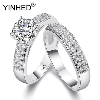 YINHED Bryllup Bands Ringe Sæt Massiv 925 Sterling Sølv 1.5 Karat Sona CZ Diamand Engagement Ring for Kvinder ZR284