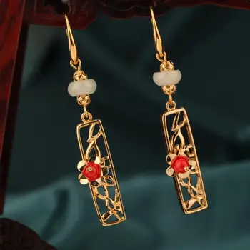 Etniske fine lange røde Aventurin lille blomst dråbe øreringe enkle stil vintage øreringe til kvinder gave Smykker