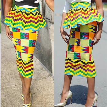 Afrikansk Print Bodycon Midi-Længde Nederdel for Kvinder Blyant Peplum Nederdel med Høj Talje Slank Flæser Plus Size Nigerianske Jupe Saias