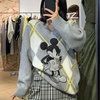 Disney V-hals Sweater Mickey Mouse Kvinder Toppe med Lange Ærmer Løs Trøjer Trøjer Mode Efteråret Foråret Tøj Dame Trøjer