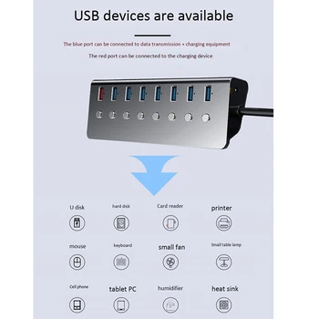 USB-HUB, USB 3.0 Multi-Funktion Extender, Splitter 7-i-1 + Opladning Port med Uafhængige Switch(EU Stik)