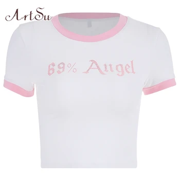 ArtSu Patchwork Brev Trykt kortærmet Kawaii Tee Shirt Femme Søde Pink Top T-shirt Kvinder Sexet Sjove T-shirts ASTS20766