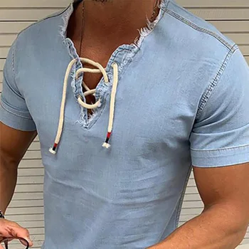 Mænd, er Denim kortærmet V-Neck T-Shirt Afslappet snøre Ren Farve Bluse Toppe FS99