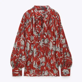 2020 Za Bundet Print Bluse Kvinder Bue Lang Ballon Ærme Vintage Top Kvindelige Mode Blomster Kontor Slid Rød Skjorte