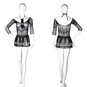 Sexet Se Gennem Mesh Lolita Elev-Skole Pige Uniform Fantasi Half Sleeve Low Cut-Mini Kjole Cosplay Costume Lingeri