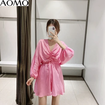 AOMO fashion kvinder solid pink za plisseret kjole v-hals lange ærmer ladies casual løs mini kjole vestidos 3H387A