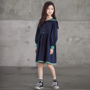 Teen Piger, Efteråret Kjole 2020 Ny Koreansk Stil, Børn Bomuld Casual Kjoler Børn Piger Matros Krave College Stil Kjole, #9183