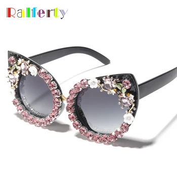 Ralferty Luksus Dronning Cat Eye Solbriller Kvinder Blomst Rhinestone Cateye Solbriller Designer Bling Diamond Crystal Briller G02
